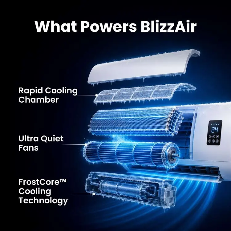 Comprehensive technical specs and power features of BlizzAir Portable AC
